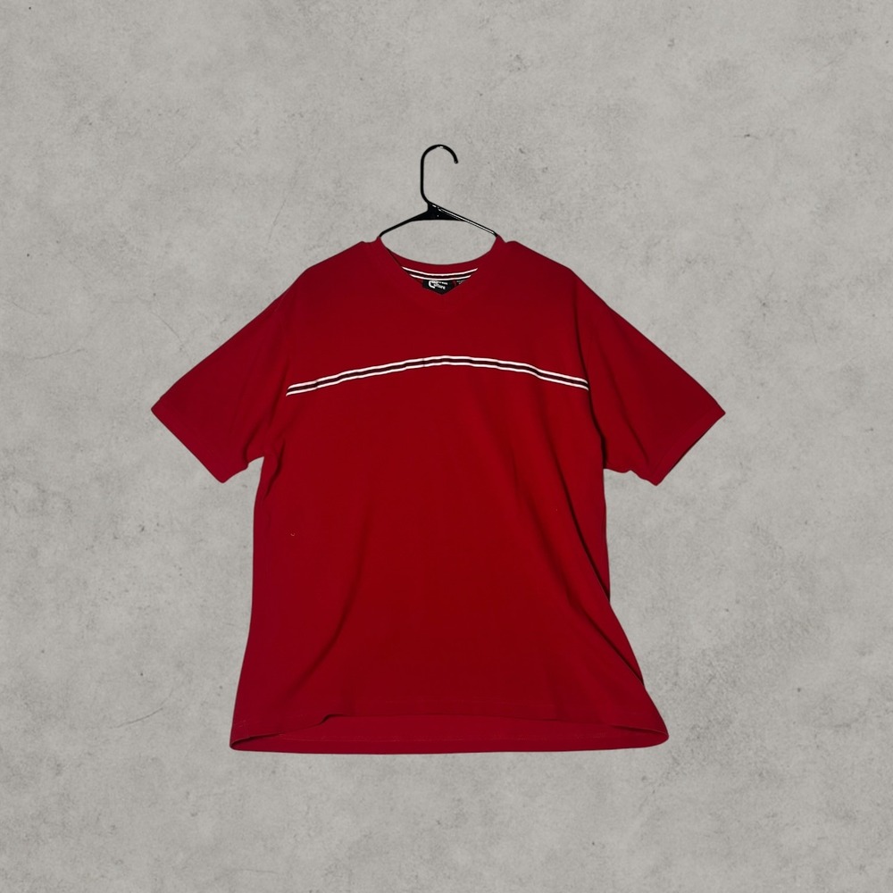 Street Culture Mens Red Striped T-Shirt Y2K Crew Neck Medium
